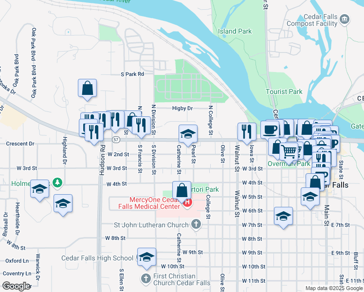 map of restaurants, bars, coffee shops, grocery stores, and more near 110 Catherine Street in Cedar Falls
