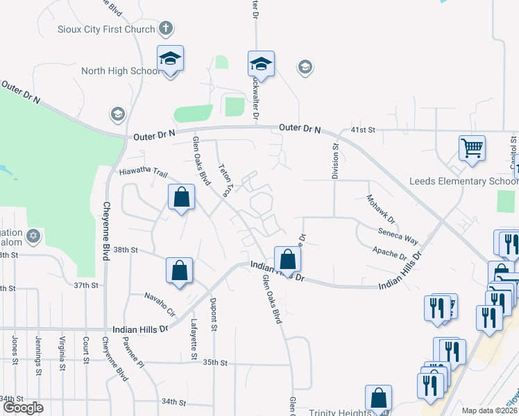 map of restaurants, bars, coffee shops, grocery stores, and more near 3800 Glen Oaks Boulevard in Sioux City