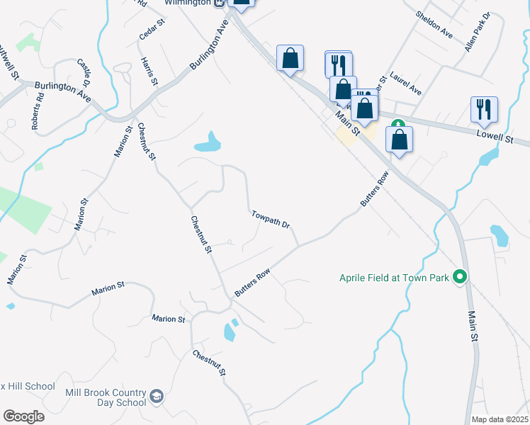 map of restaurants, bars, coffee shops, grocery stores, and more near 10 Towpath Drive in Wilmington