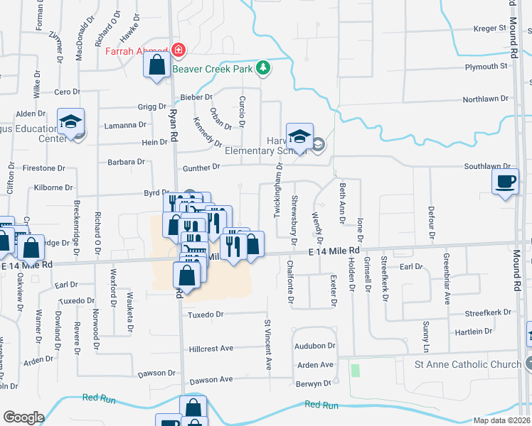 map of restaurants, bars, coffee shops, grocery stores, and more near 33111 Sherwood Forest Drive in Sterling Heights