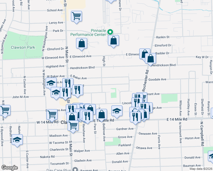 map of restaurants, bars, coffee shops, grocery stores, and more near 467 Fisher Court in Clawson