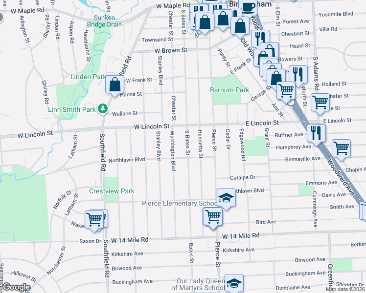 map of restaurants, bars, coffee shops, grocery stores, and more near 1284 South Bates Street in Birmingham