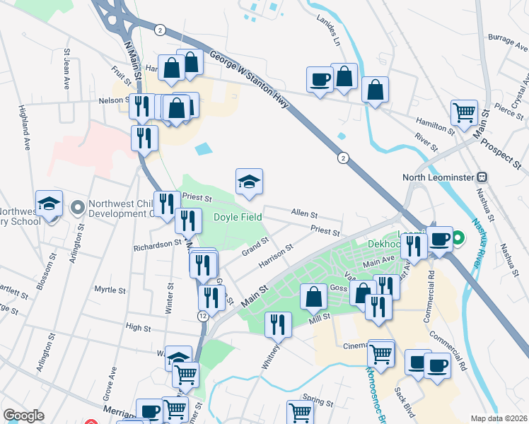 map of restaurants, bars, coffee shops, grocery stores, and more near 18 Allen Street in Leominster