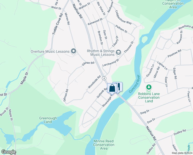map of restaurants, bars, coffee shops, grocery stores, and more near 7 Woodside Road in Billerica