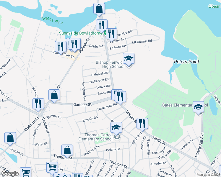 map of restaurants, bars, coffee shops, grocery stores, and more near 54 Margin Street in Peabody