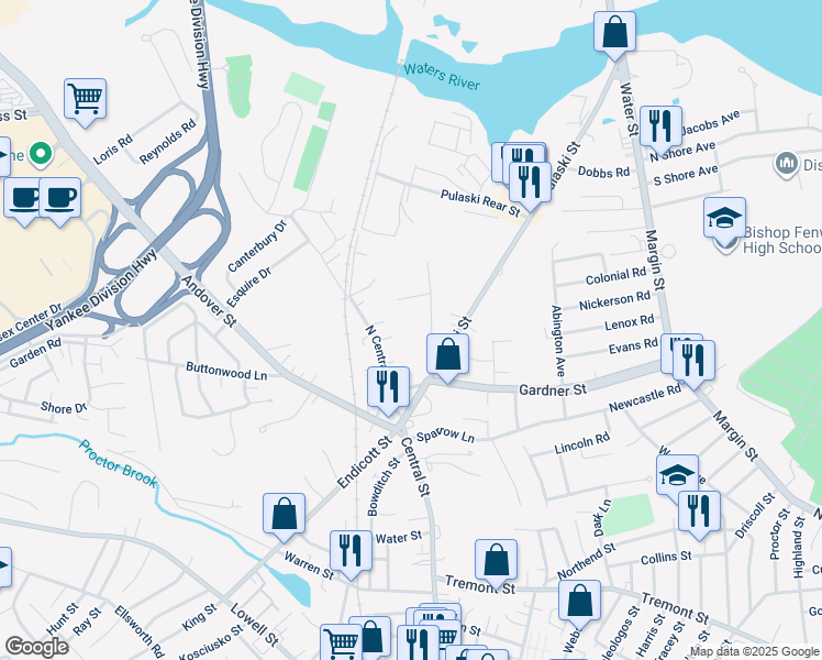 map of restaurants, bars, coffee shops, grocery stores, and more near 8 Buxton Lane in Peabody