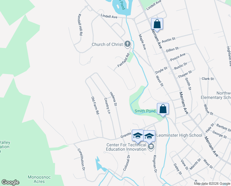 map of restaurants, bars, coffee shops, grocery stores, and more near 109 Helena Street in Leominster