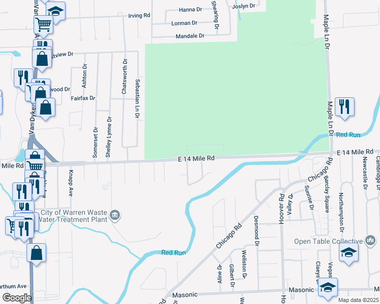 map of restaurants, bars, coffee shops, grocery stores, and more near 11162 East 14 Mile Road in Warren