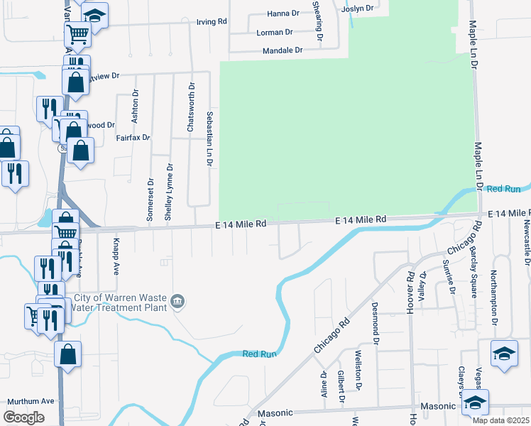 map of restaurants, bars, coffee shops, grocery stores, and more near 11100 East 14 Mile Road in Warren