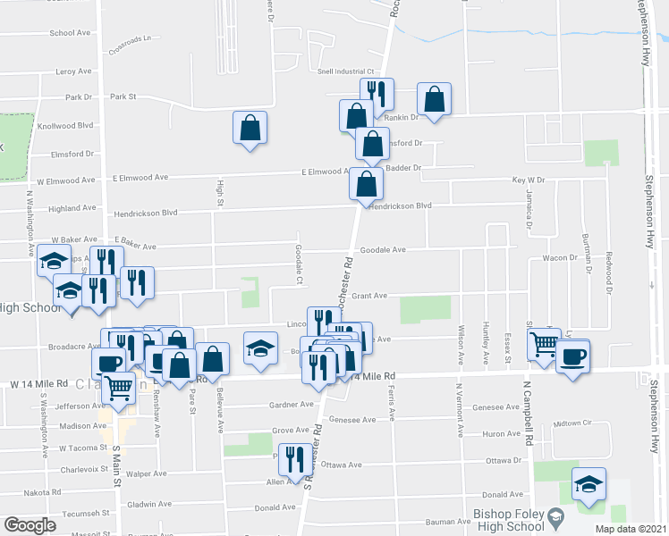 map of restaurants, bars, coffee shops, grocery stores, and more near 447 North Rochester Road in Clawson