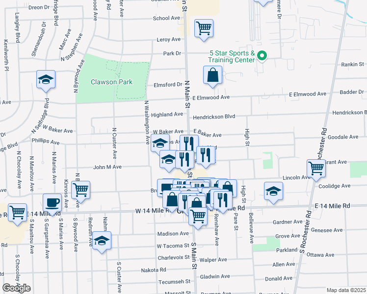 map of restaurants, bars, coffee shops, grocery stores, and more near 416 North Main Street in Clawson