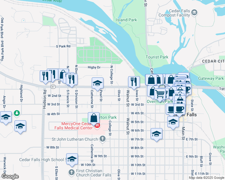 map of restaurants, bars, coffee shops, grocery stores, and more near 813 West 2nd Street in Cedar Falls