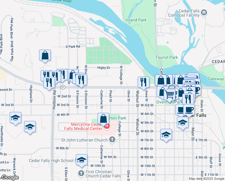 map of restaurants, bars, coffee shops, grocery stores, and more near 920 West 2nd Street in Cedar Falls