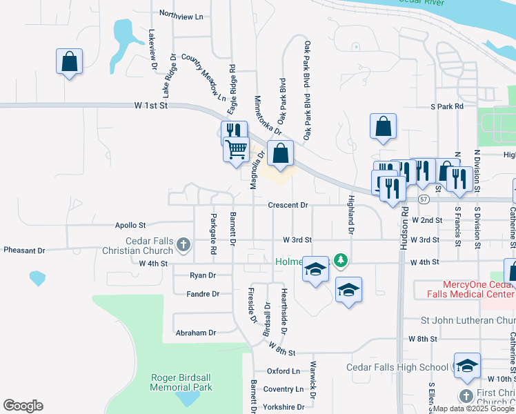 map of restaurants, bars, coffee shops, grocery stores, and more near 2410 Crescent Drive in Cedar Falls