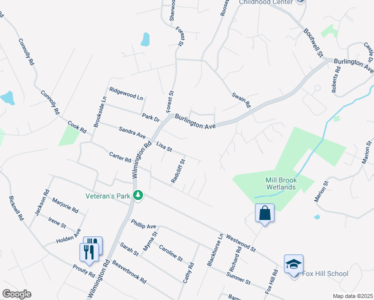 map of restaurants, bars, coffee shops, grocery stores, and more near 14 Lisa Street in Burlington