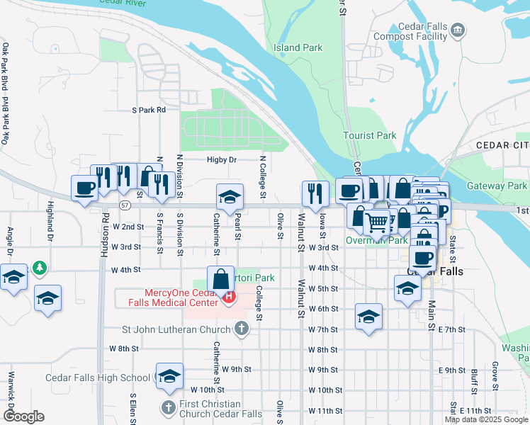 map of restaurants, bars, coffee shops, grocery stores, and more near 813 West 2nd Street in Cedar Falls