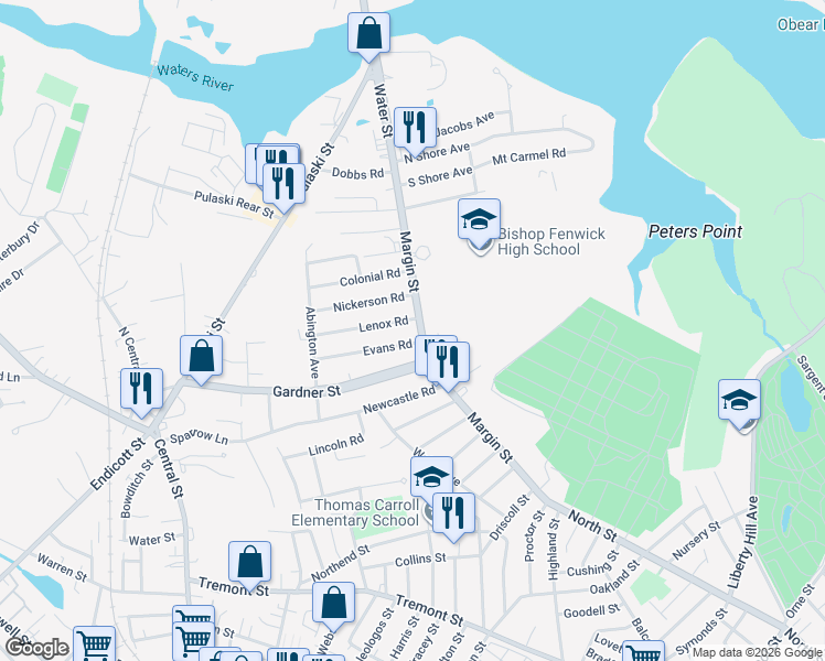 map of restaurants, bars, coffee shops, grocery stores, and more near 54 Margin Street in Peabody