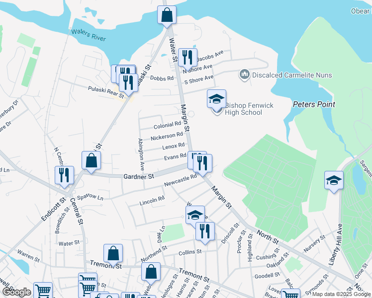 map of restaurants, bars, coffee shops, grocery stores, and more near 54 Margin Street in Peabody