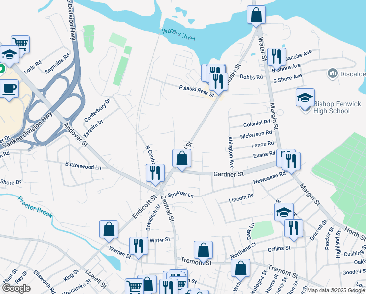 map of restaurants, bars, coffee shops, grocery stores, and more near 27 Pulaski Street in Peabody