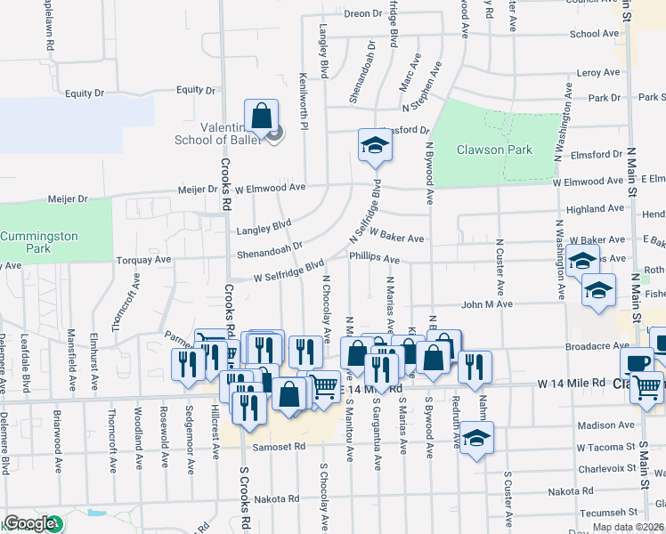 map of restaurants, bars, coffee shops, grocery stores, and more near 509 North Chocolay Avenue in Clawson