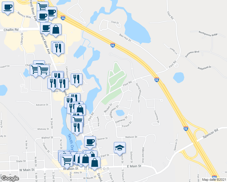 map of restaurants, bars, coffee shops, grocery stores, and more near 4264 Flint Road in Brighton
