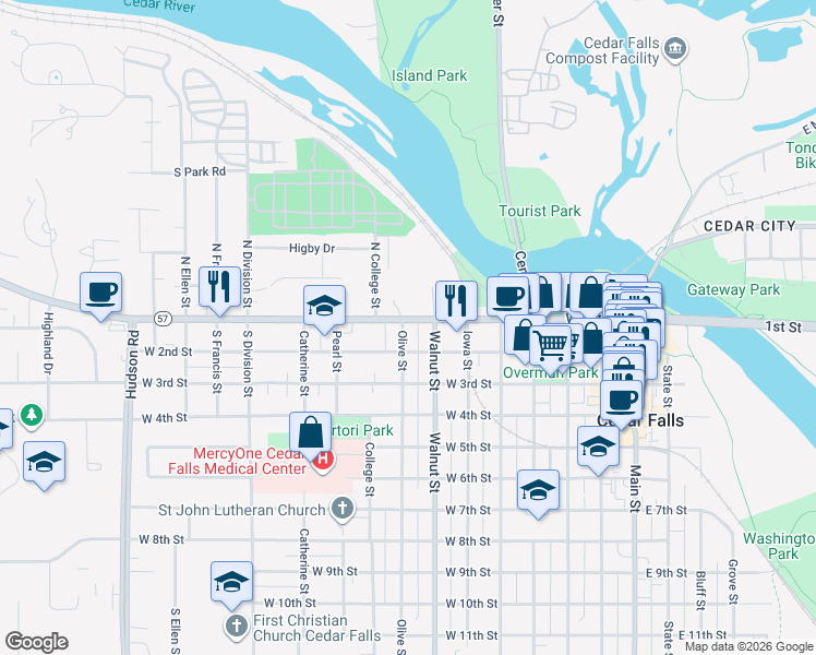 map of restaurants, bars, coffee shops, grocery stores, and more near 724 West 1st Street in Cedar Falls