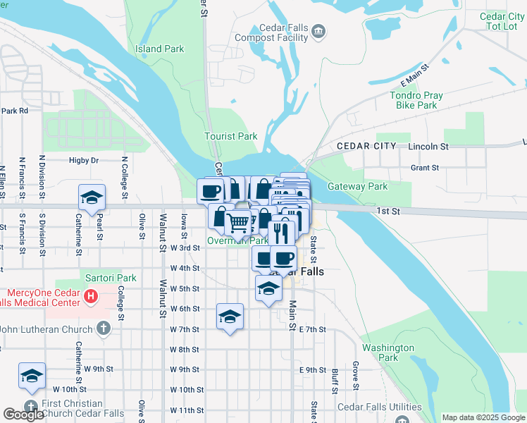 map of restaurants, bars, coffee shops, grocery stores, and more near 200 West 1st Street in Cedar Falls