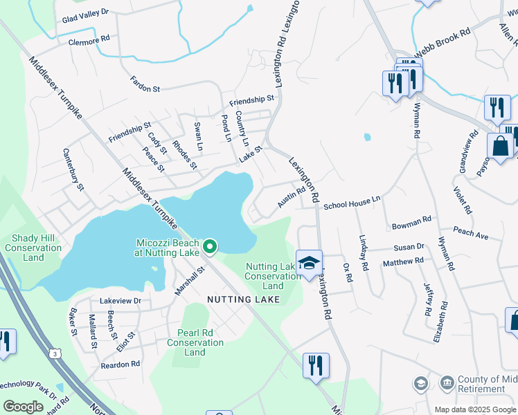 map of restaurants, bars, coffee shops, grocery stores, and more near 4 Crest Road in Billerica