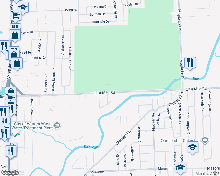 map of restaurants, bars, coffee shops, grocery stores, and more near 32940 Check Drive in Warren
