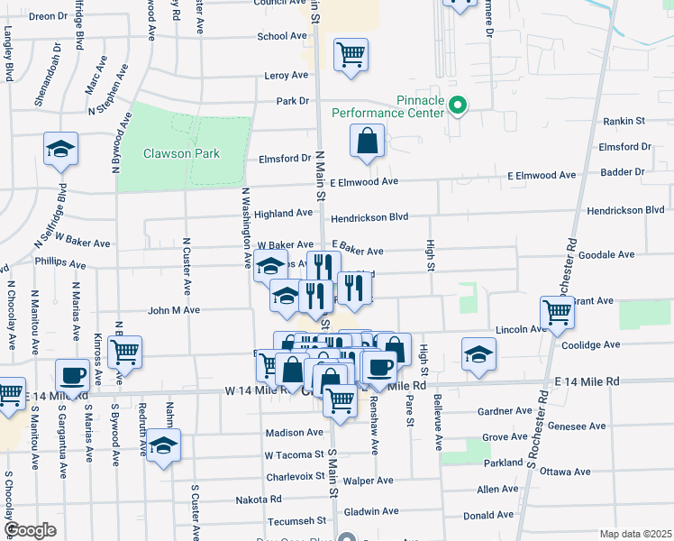 map of restaurants, bars, coffee shops, grocery stores, and more near 416 North Main Street in Clawson