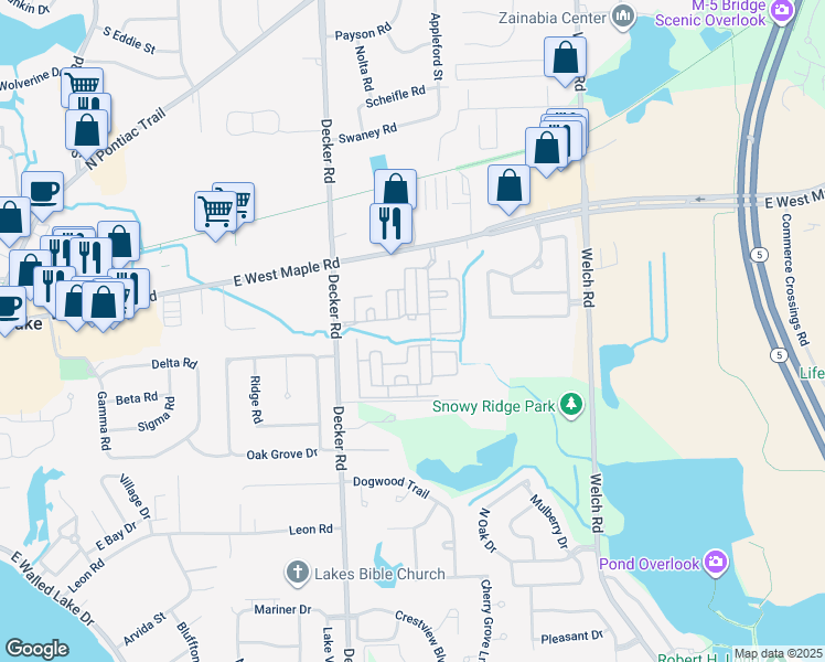 map of restaurants, bars, coffee shops, grocery stores, and more near 30201 Chantel Drive in Commerce Charter Township