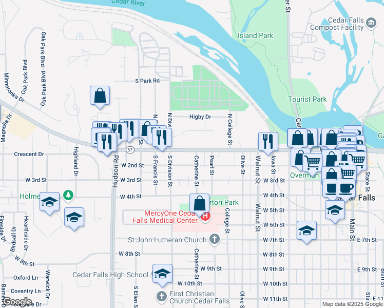 map of restaurants, bars, coffee shops, grocery stores, and more near 110 Catherine Street in Cedar Falls