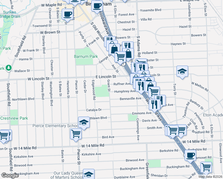 map of restaurants, bars, coffee shops, grocery stores, and more near 636 Humphrey Avenue in Birmingham