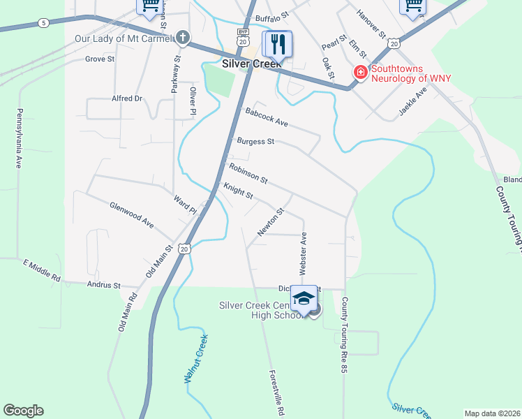 map of restaurants, bars, coffee shops, grocery stores, and more near 14 Newton Street in Silver Creek