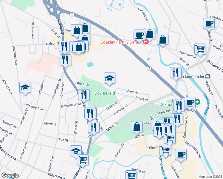 map of restaurants, bars, coffee shops, grocery stores, and more near 115 Priest Street in Leominster
