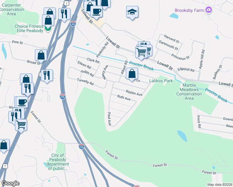 map of restaurants, bars, coffee shops, grocery stores, and more near 2 George Avenue in Peabody