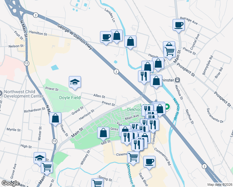 map of restaurants, bars, coffee shops, grocery stores, and more near 18 Allen Street in Leominster