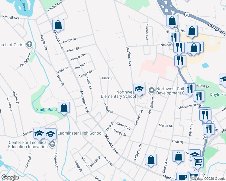 map of restaurants, bars, coffee shops, grocery stores, and more near 133 Hall Street in Leominster