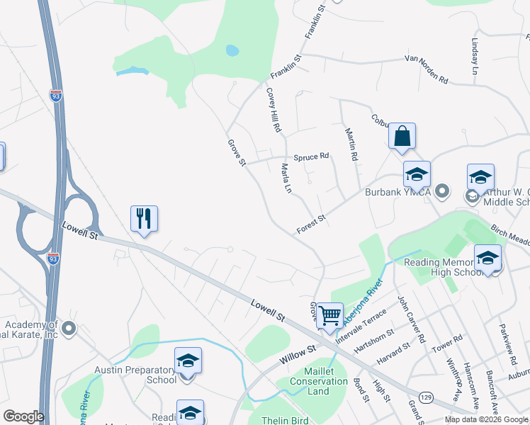 map of restaurants, bars, coffee shops, grocery stores, and more near 136 Grove Street in Reading