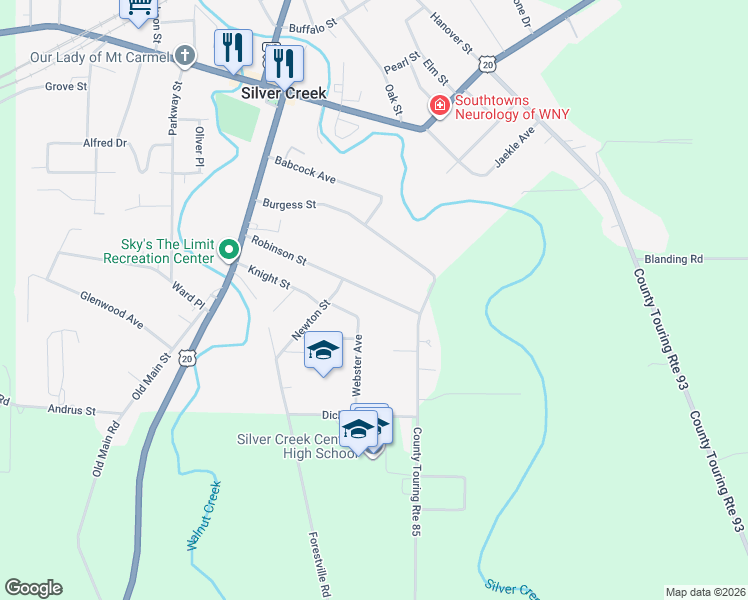 map of restaurants, bars, coffee shops, grocery stores, and more near 57 Robinson Street in Silver Creek