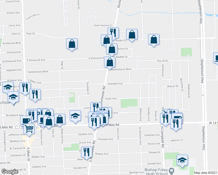 map of restaurants, bars, coffee shops, grocery stores, and more near 424 North Rochester Road in Clawson