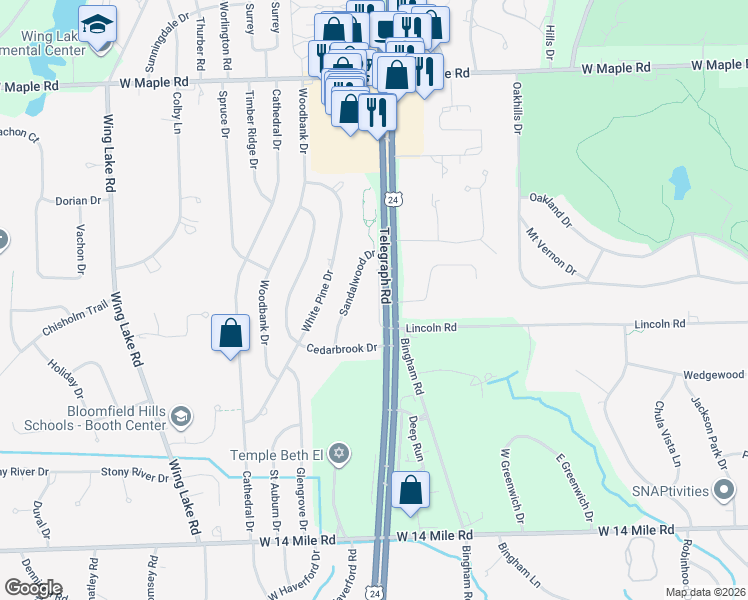 map of restaurants, bars, coffee shops, grocery stores, and more near 6975 Sandalwood Drive in Bloomfield Hills