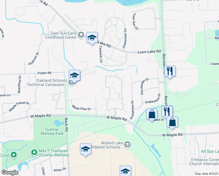 map of restaurants, bars, coffee shops, grocery stores, and more near 25104 Chesapeake Circle in Commerce Charter Township