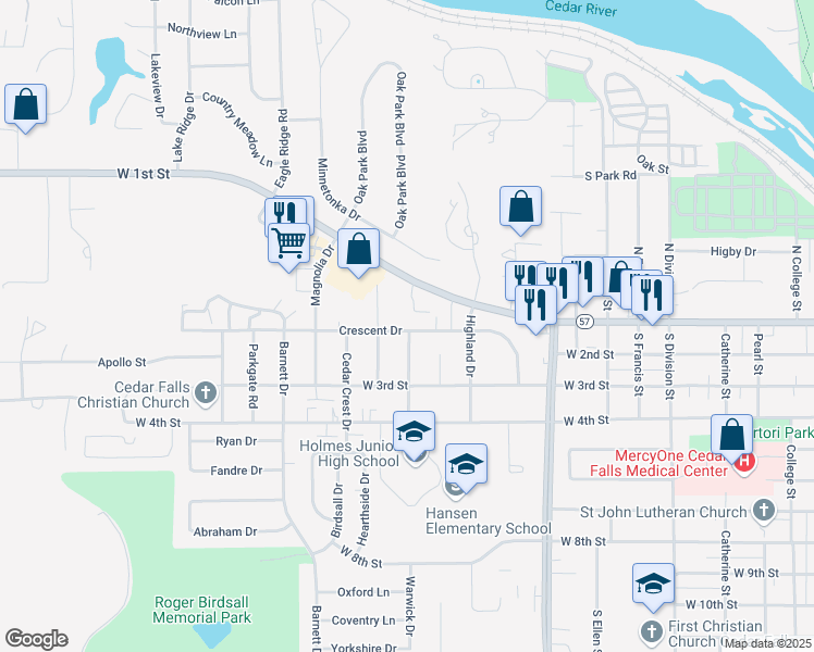 map of restaurants, bars, coffee shops, grocery stores, and more near 118 Angie Drive in Cedar Falls