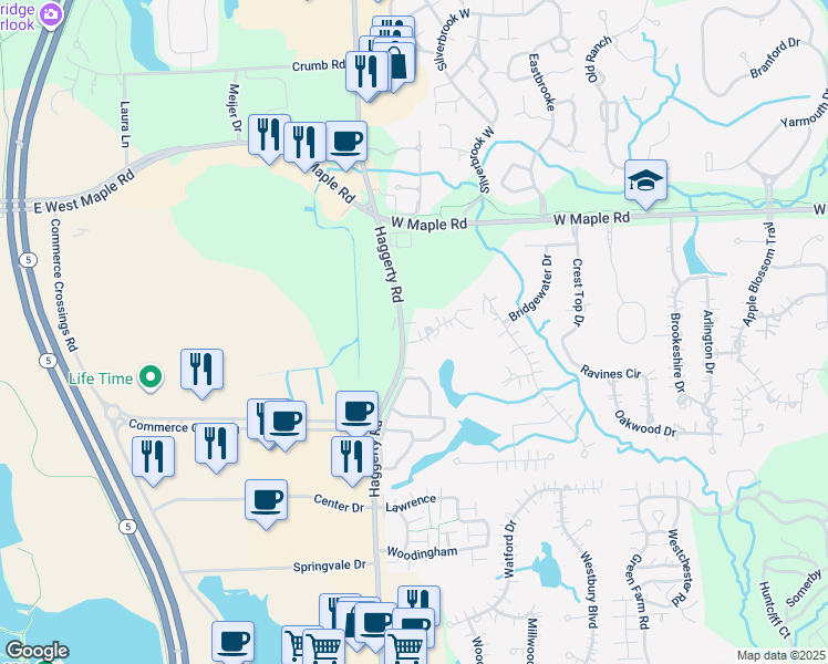 map of restaurants, bars, coffee shops, grocery stores, and more near 650 Haggerty Road in West Bloomfield Township