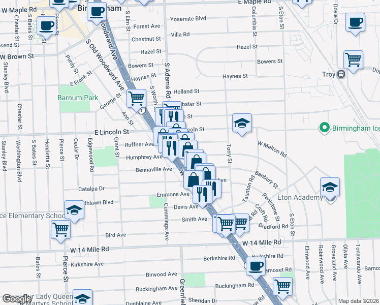 map of restaurants, bars, coffee shops, grocery stores, and more near 1295 Bennaville Avenue in Birmingham