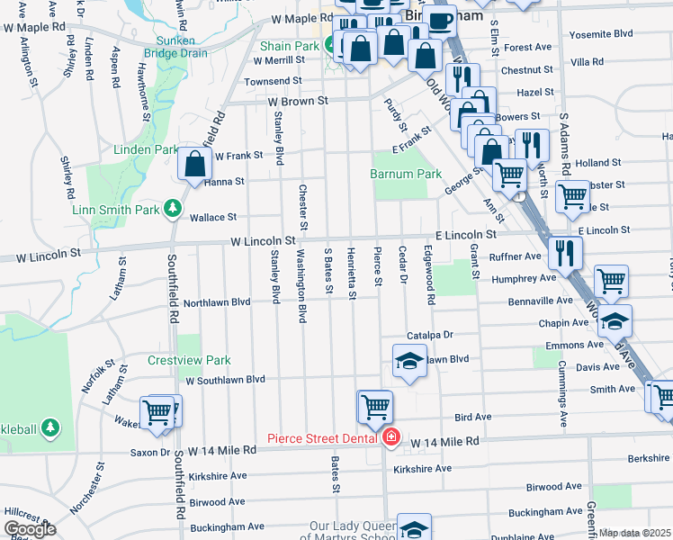 map of restaurants, bars, coffee shops, grocery stores, and more near 1356 South Bates Street in Birmingham