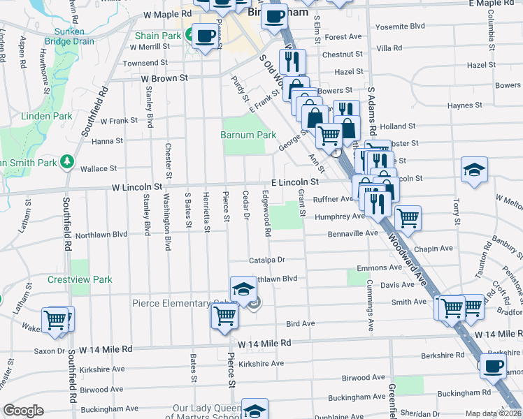 map of restaurants, bars, coffee shops, grocery stores, and more near 1322 Edgewood Road in Birmingham