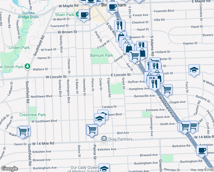 map of restaurants, bars, coffee shops, grocery stores, and more near 1248 Edgewood Road in Birmingham