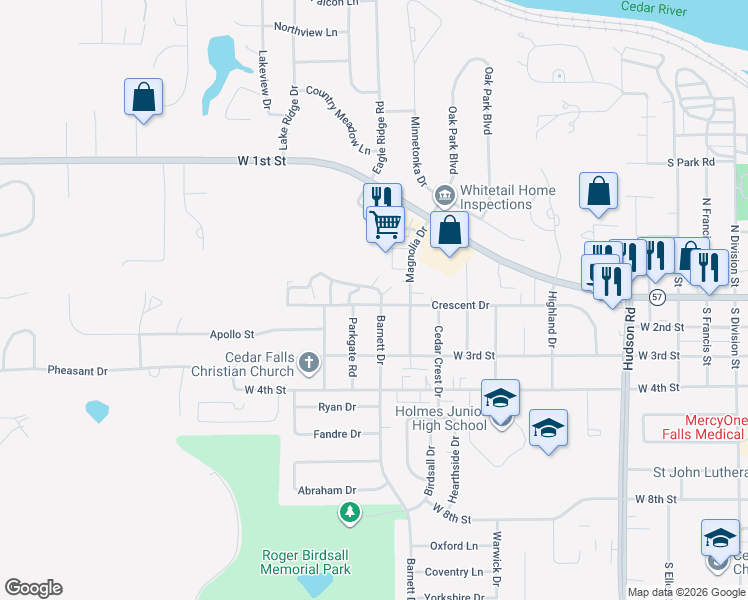 map of restaurants, bars, coffee shops, grocery stores, and more near 2206 Thunder Ridge Boulevard in Cedar Falls